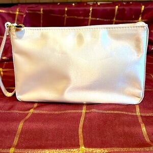 BVLGARI cream colored mini satin clutch with travel mirror.